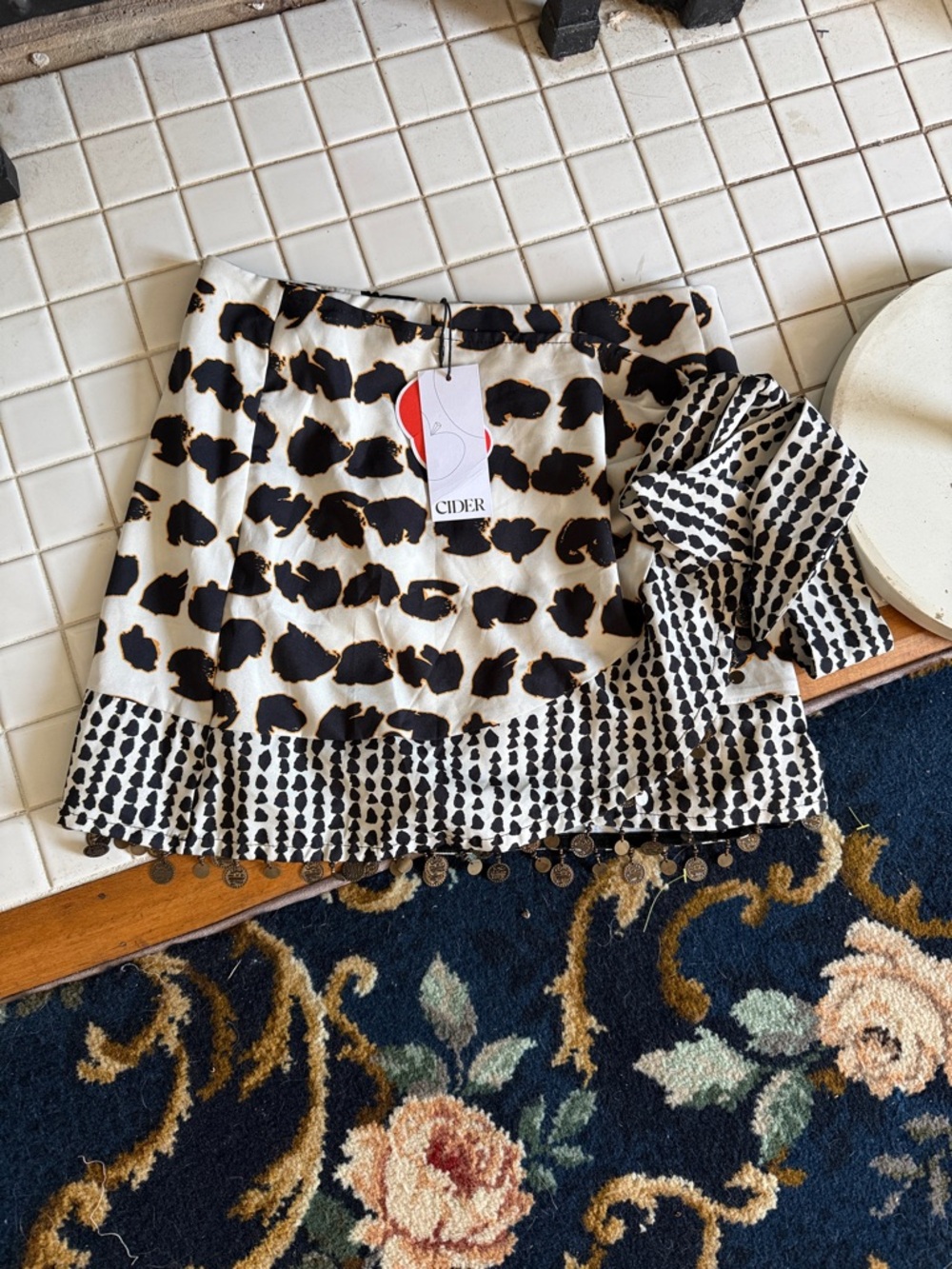 Cider Black & White animal -Print Mini Skirt with Coin Trim-NWT